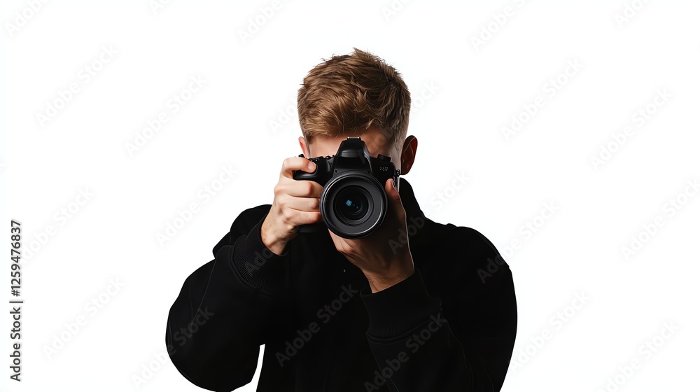 A person holds a professional camera, capturing moments. The subject poses confidently against a white isolated background. A person holds a professional camera, capturing moments. The subject poses confidently against a white isolated background.