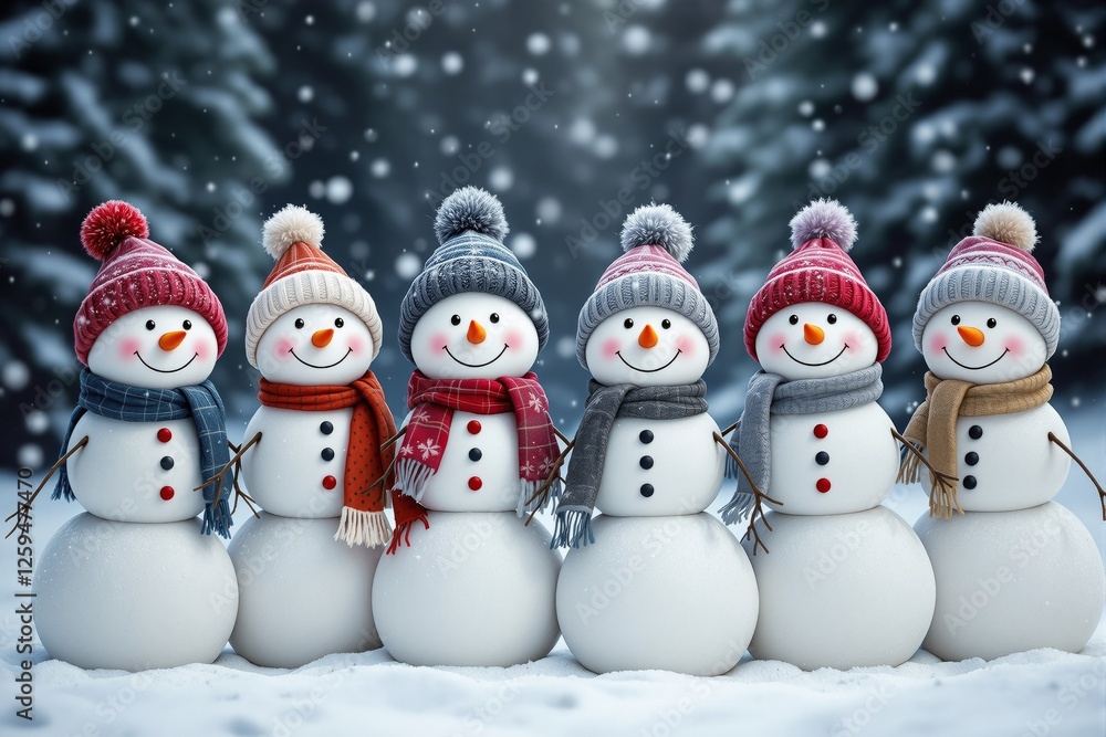 Group of six snowmen with colorful hats and scarves smiling in a snowy forest background. Holiday and winter season concept. Ai generative