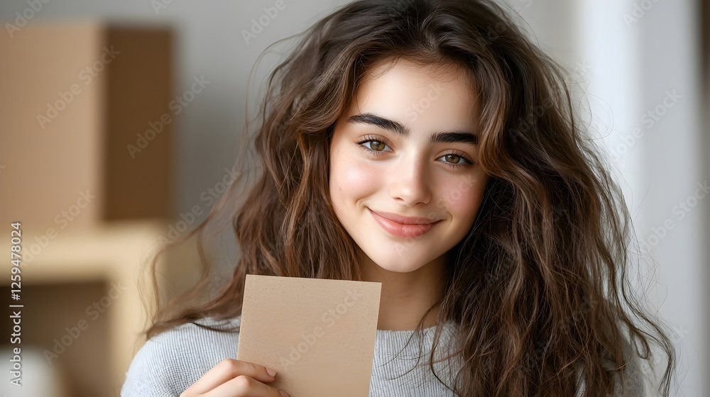 Smiling Young Woman Holding Blank Card in Cozy Indoor Setting Smiling Young Woman Holding Blank Card in Cozy Indoor Setting