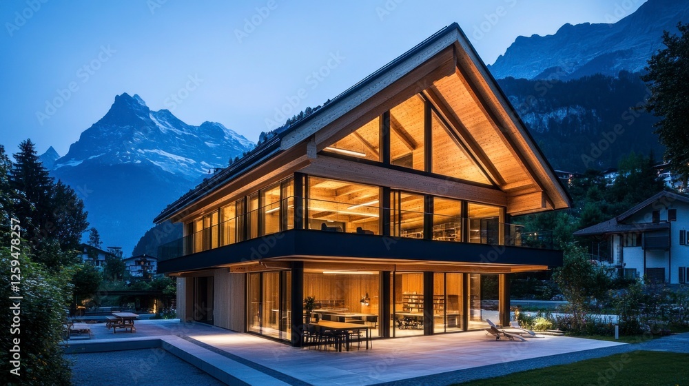 A modern, three-story office building with wooden cladding and large glass windows is illuminated by warm light from the interior at night. A modern, three-story office building with wooden cladding and large glass windows is illuminated by warm light from the interior at night.
