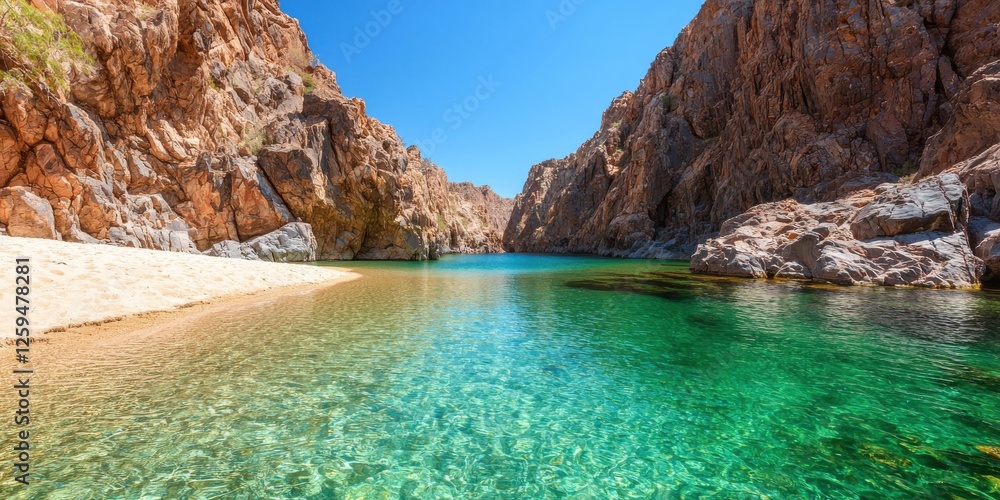 A stunning beach scene with crystal-clear turquoise waters, rocky cliffs, and a sandy shoreline under a bright blue sky. A stunning beach scene with crystal-clear turquoise waters, rocky cliffs, and a sandy shoreline under a bright blue sky.