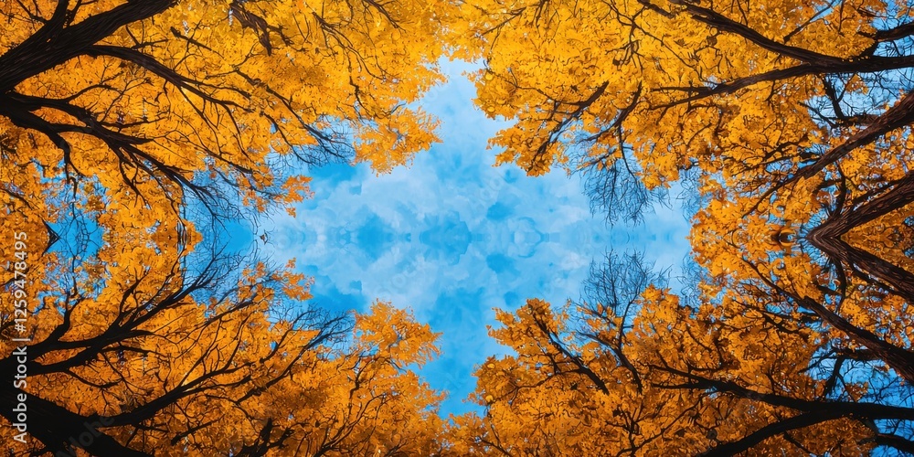 A vibrant view of golden autumn leaves framed against a clear blue sky, creating a stunning natural canopy. A vibrant view of golden autumn leaves framed against a clear blue sky, creating a stunning natural canopy.