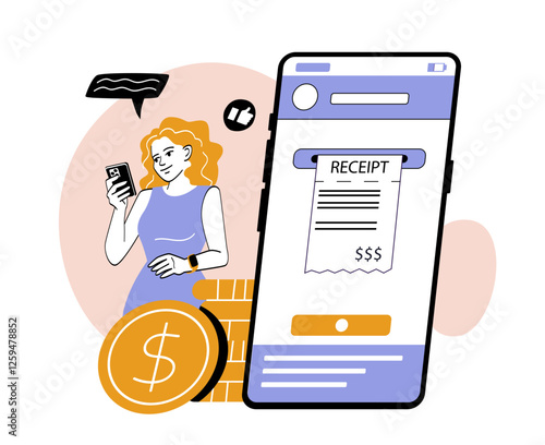 Woman using smartphone for digital receipt with online payment. 