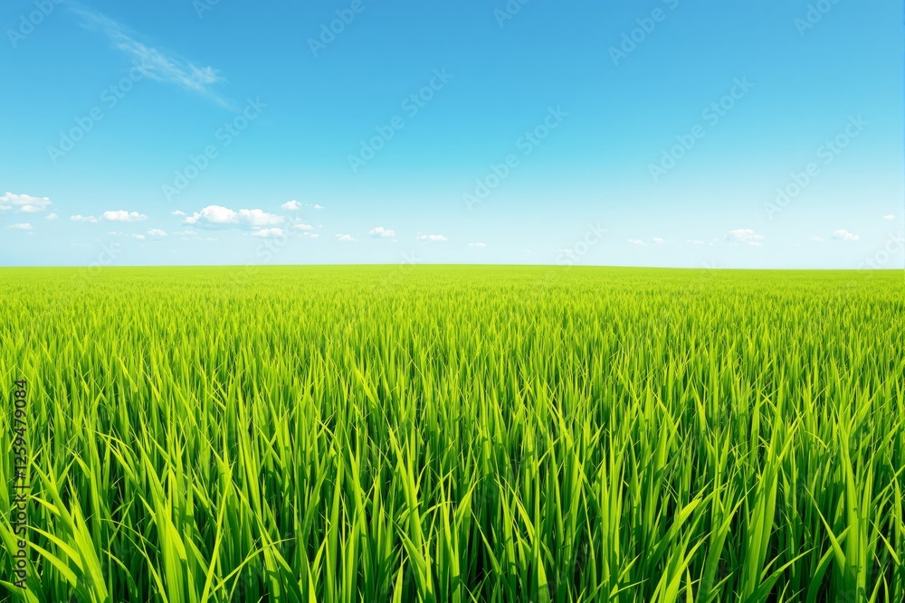 Vibrant green grass field stretching to the horizon under a bright blue sky with small clouds. Natural background, concept of freshness and tranquility. Ai generative Vibrant green grass field stretching to the horizon under a bright blue sky with small clouds. Natural background, concept of freshness and tranquility. Ai generative