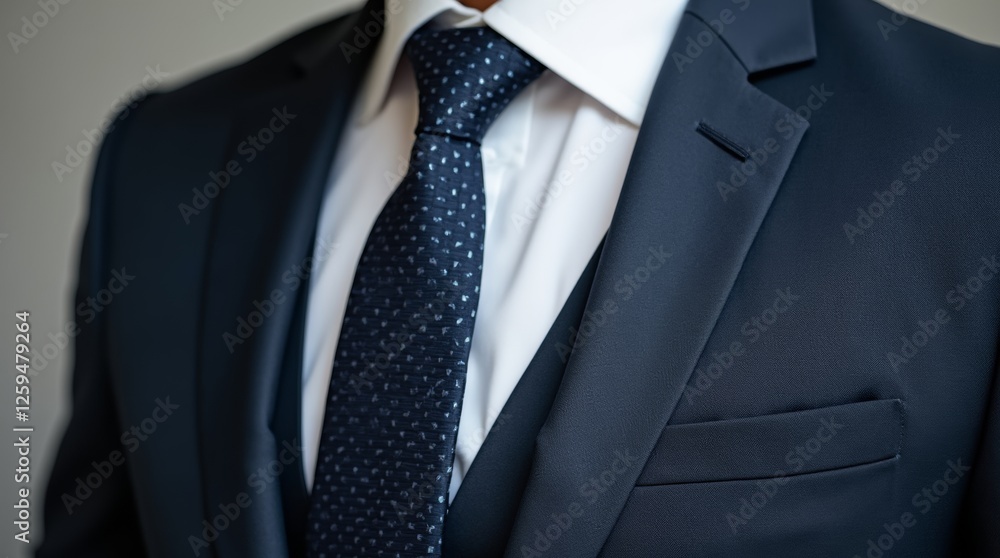 A close-up of a business suit jacket with a crisp white shirt and tie, highlighting the details of the fabric and stitching A close-up of a business suit jacket with a crisp white shirt and tie, highlighting the details of the fabric and stitching