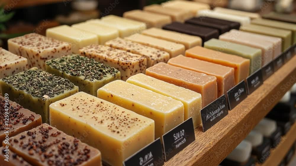Assorted handmade soaps displayed on wooden shelves in a market Assorted handmade soaps displayed on wooden shelves in a market
