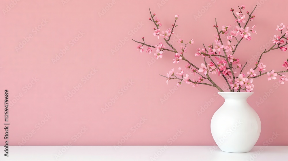 Delicate pink blossoms arranged in a simple white vase against a soft pink backdrop. A serene and elegant springtime scene. Delicate pink blossoms arranged in a simple white vase against a soft pink backdrop. A serene and elegant springtime scene.