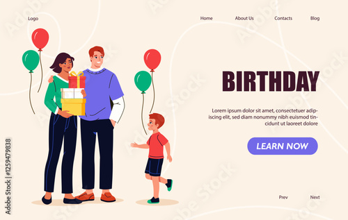 Birthday celebration landing page with family and gifts. 