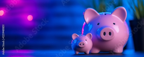 Pink piggy banks savings, blue lights, plant background, finance