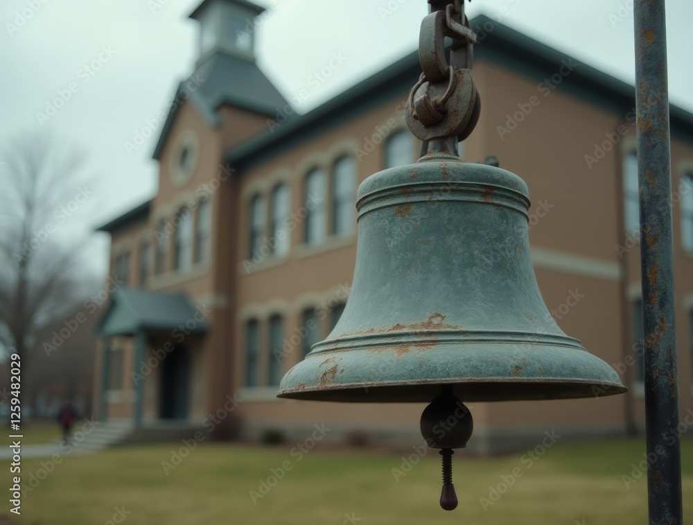 An old, slightly weathered school bell hanging from a metal bracket outside a school building, with a cloudy sky in the background, creating a classic outdoor scene. An old, slightly weathered school bell hanging from a metal bracket outside a school building, with a cloudy sky in the background, creating a classic outdoor scene.