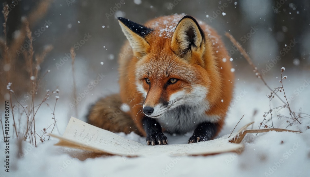 Fototapeta premium Red Fox Pausing Mid-Hunt in Snowy Landscape Near Forgotten Script