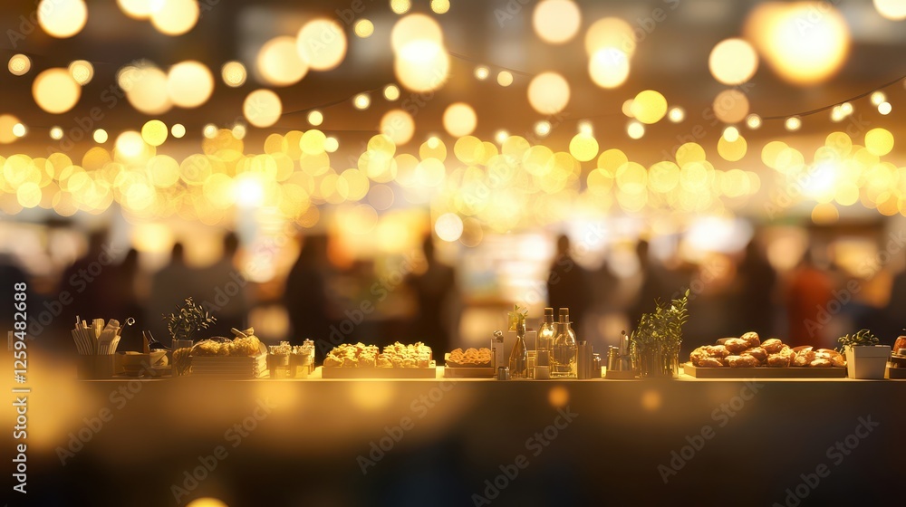 Warm Golden Light Enhancing Gourmet Food Stalls at Vibrant Exhibition with Inviting Atmosphere and Twinkling Lights for Culinary Delight Warm Golden Light Enhancing Gourmet Food Stalls at Vibrant Exhibition with Inviting Atmosphere and Twinkling Lights for Culinary Delight