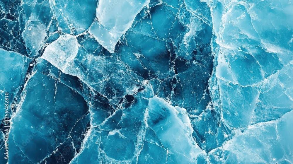 Obraz premium Beautiful winter natural blue ice texture of surface of frozen. Nature abstract pattern of white cracks. Winter seasonal background, mock up, flat lay, ice texture background