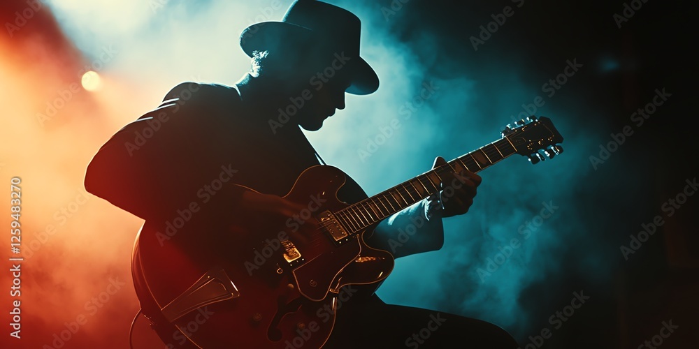Obraz premium A dramatic silhouette of a jazz guitarist lost in music, bathed in moody club lighting. This artistic black-and-white image captures the soulful energy of a live performance, perfect for music-themed 