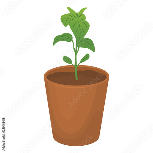 Pepper shoot in a pot. Seedlings for the garden. Farm plantings. Home gardening. Growing vegetables and garden plants. Vector illustration isolated on a transparent background.
