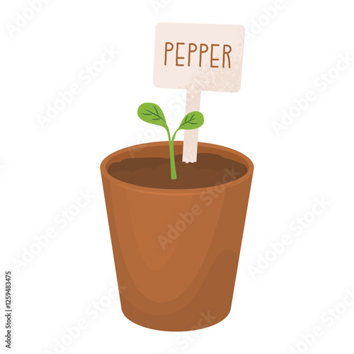 Pepper sprout in a pot with a sign. Seedlings for the garden. Farm plantings. Home gardening. Growing vegetables and garden plants. Vector illustration isolated on a transparent background.