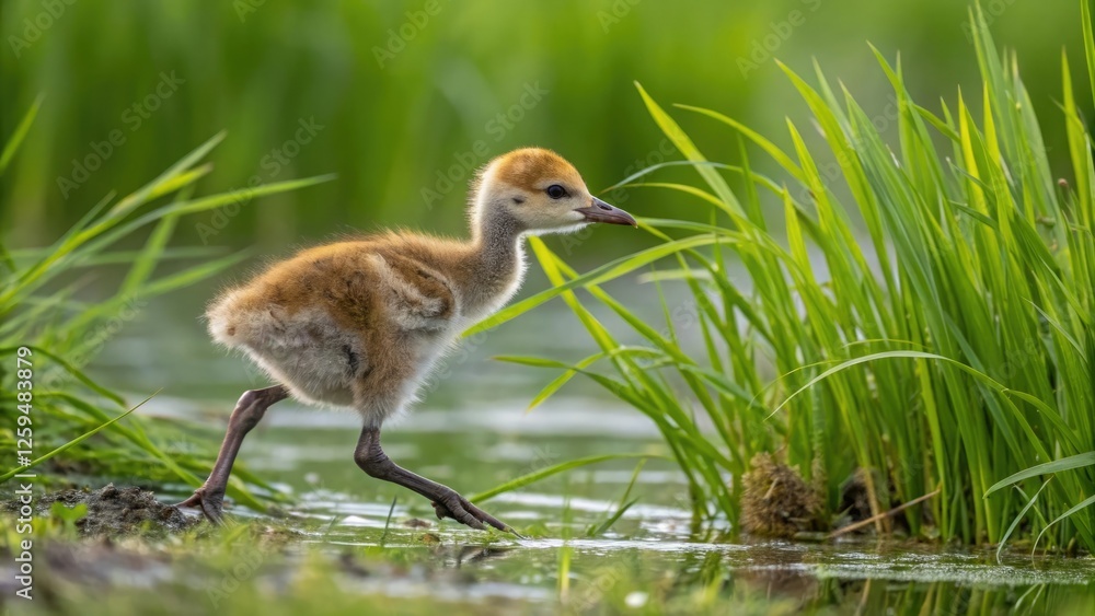 Eastern Hokkaido red crowned crane chick taking its first steps on wetland grasses, japan, fledgling, species, misty morning Eastern Hokkaido red crowned crane chick taking its first steps on wetland grasses, japan, fledgling, species, misty morning