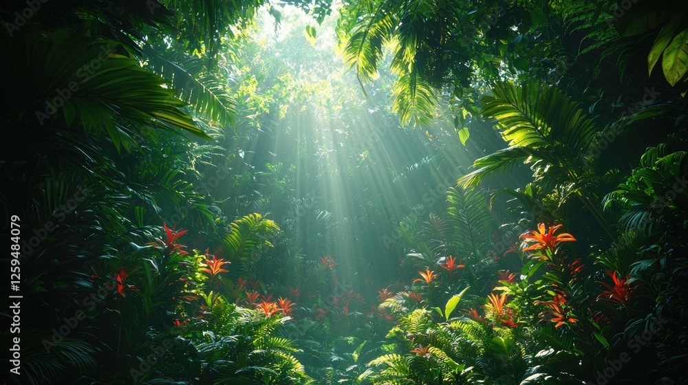 Obraz premium Lush tropical rainforest with vibrant flowers, sunlight filtering through foliage, serene atmosphere
