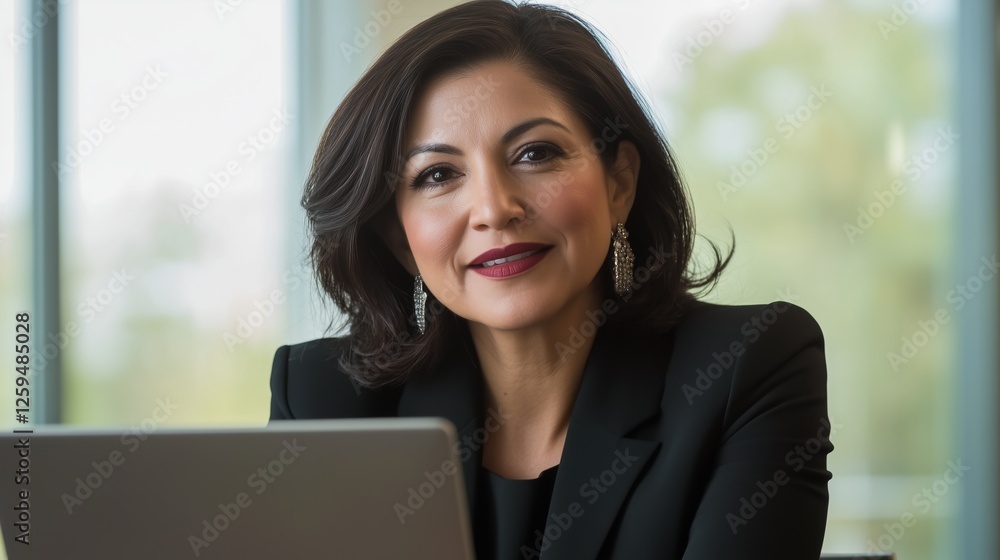 Confident and Focused: A professional woman with a warm smile and a confident expression gazes directly at the camera, exuding confidence and competence. Confident and Focused: A professional woman with a warm smile and a confident expression gazes directly at the camera, exuding confidence and competence.