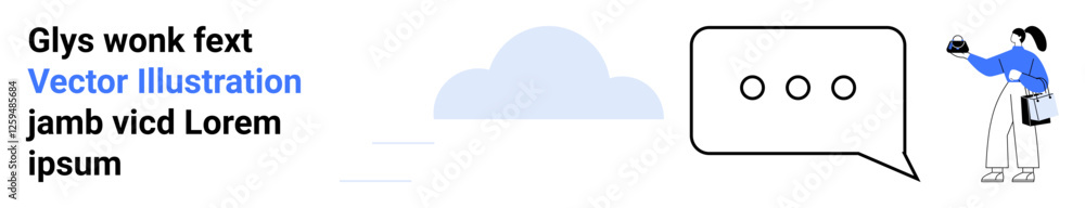 Person holding a smartphone with a speech bubble and cloud in the background. Ideal for communication, messaging, collaboration, technology, cloud services, social media, flat landing page banner Person holding a smartphone with a speech bubble and cloud in the background. Ideal for communication, messaging, collaboration, technology, cloud services, social media, flat landing page banner