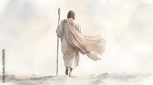 biblical illustration of genesis,  Abraham Leaving His Homeland Walking with Staff and Billowing Robe Evoking a Sense of Faith and Divine Calling