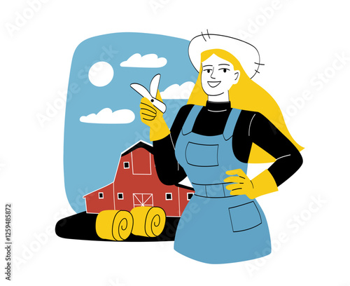 Female farmer holding banana on farm background. 