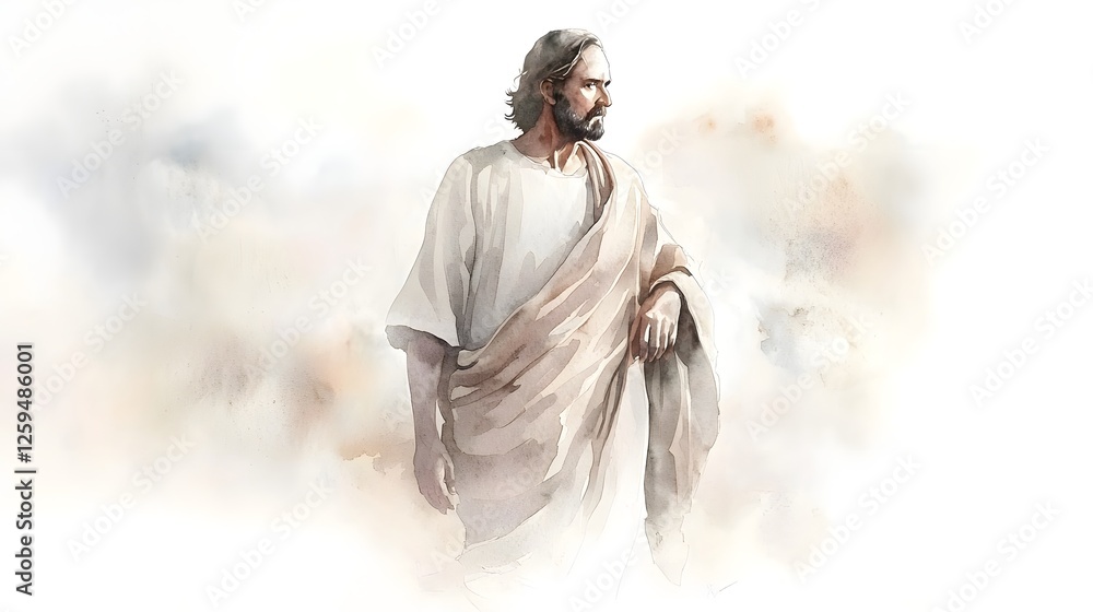 biblical illustration of genesis, Powerful and Contemplative Watercolor Portrait of a Victorious Biblical Patriarch His Robe Gently Draped in Warm Earth Tones Symbolizing Divine Favor biblical illustration of genesis, Powerful and Contemplative Watercolor Portrait of a Victorious Biblical Patriarch His Robe Gently Draped in Warm Earth Tones Symbolizing Divine Favor