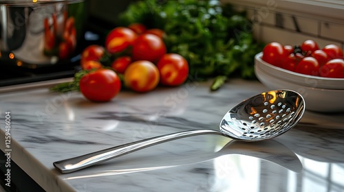 Fresh tomatoes and herbs on a kitchen counter with a shiny slotted spoon ready for cooking