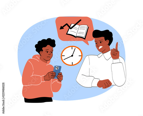 Parent advising teenager about time management and study habits. 