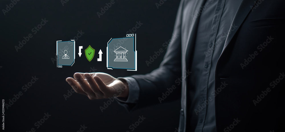 digital banking and security concept, businessman holding virtual finance icons