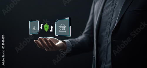 Obraz na płótnie digital banking and security concept, businessman holding virtual finance icons w salonie