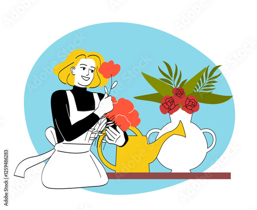 Smiling florist arranging flowers in a vase. 