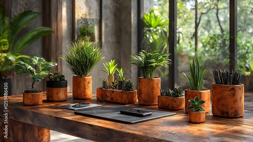 Workspace with potted plants, modern interior, natural light, desk photo