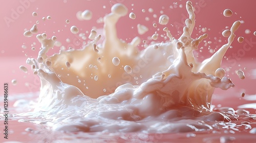 Creamy milk splash creating dynamic patterns against a soft pink background, evoking freshness