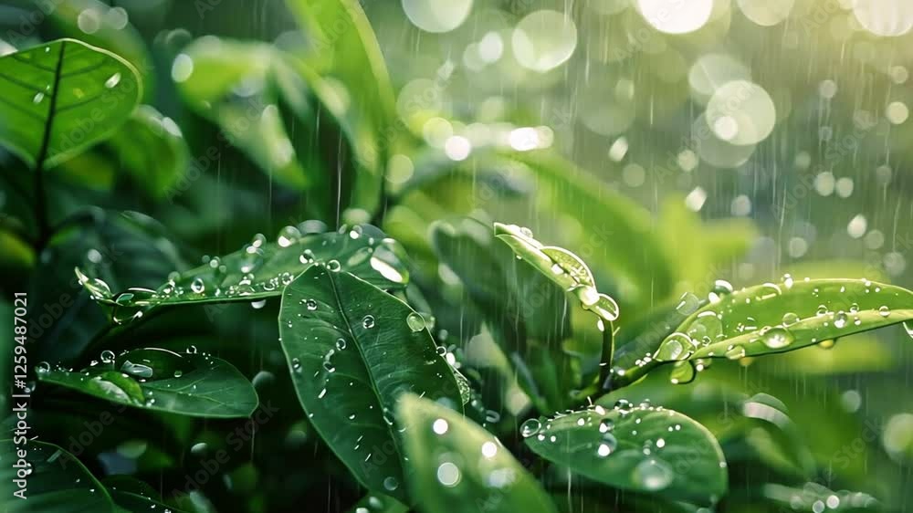 Close-up of green leaves with water droplets, creating a fresh and vibrant atmosphere footage Close-up of green leaves with water droplets, creating a fresh and vibrant atmosphere footage