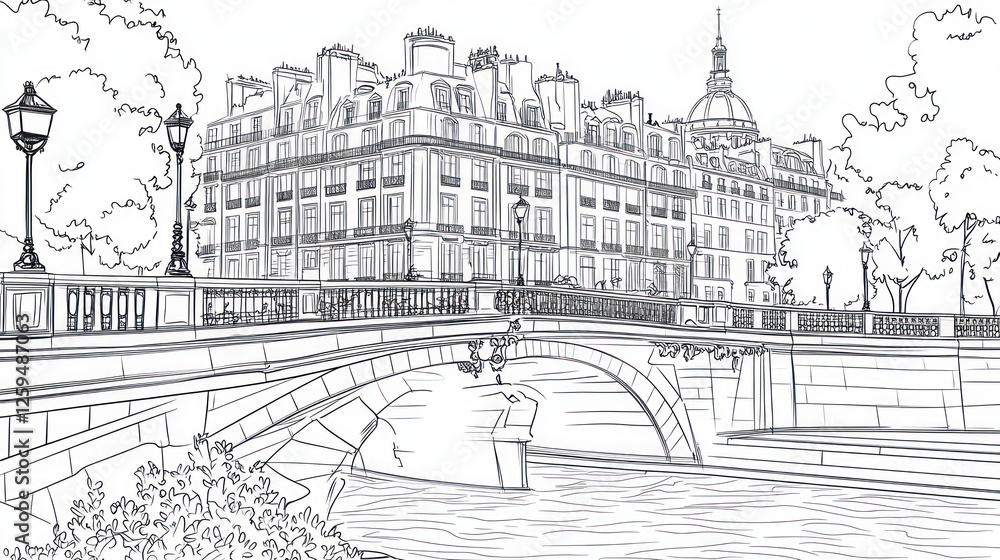 Parisian bridge sketch, canal view, city architecture, tranquil scene, travel illustration Parisian bridge sketch, canal view, city architecture, tranquil scene, travel illustration