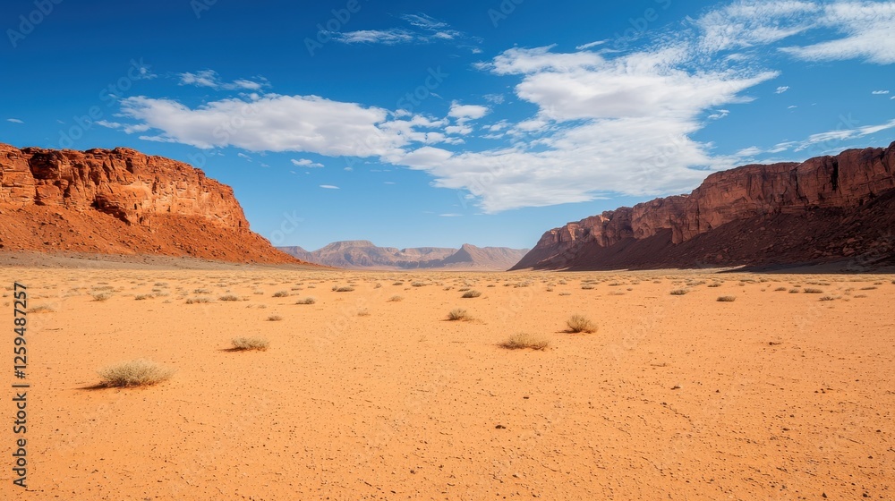 A vast desert landscape with sandy terrain, rocky cliffs, and a bright blue sky dotted with clouds. A vast desert landscape with sandy terrain, rocky cliffs, and a bright blue sky dotted with clouds.