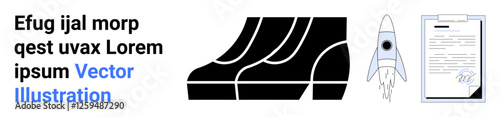 Rocket liftoff near a curving workflow arrow and signed document. Ideal for innovation, business growth, process improvement, progress, productivity, project tracking, and flat landing page banner