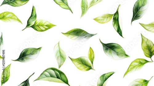 Green tea leaves floating, white background, design
