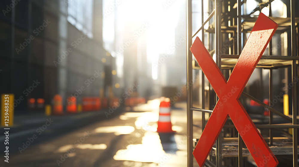 Red X Sign on Urban Construction Scaffolding Red X Sign on Urban Construction Scaffolding