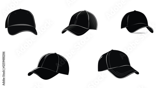 Set of Black Baseball Cap Silhouettes with Different Angles


