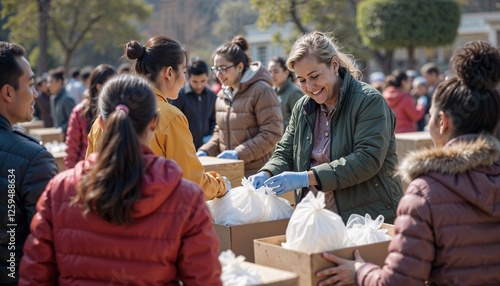 Group of volunteers joyfully distributing food packages in a community event outdoors
