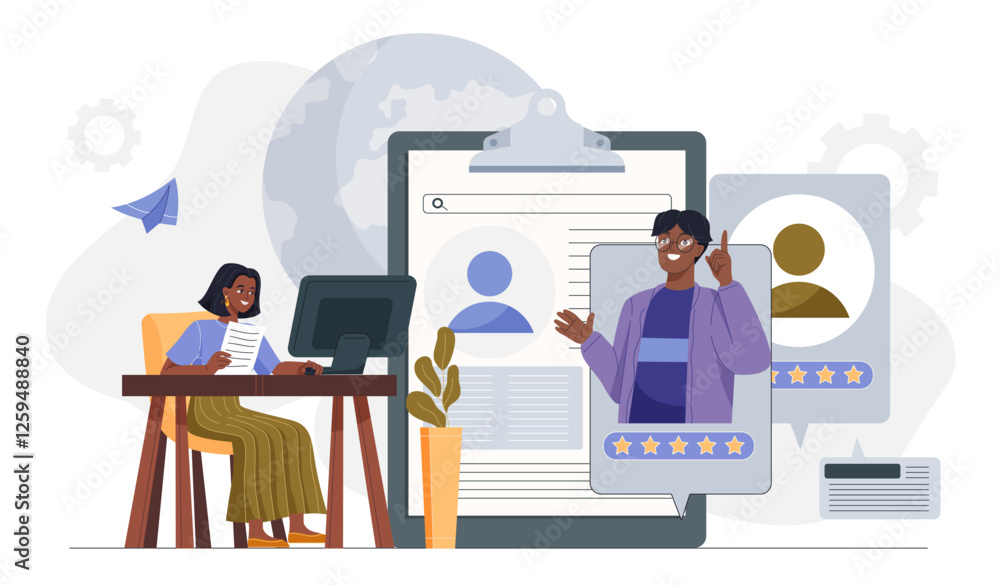 Recruiter reviewing candidate profiles for online hiring process. Recruiter reviewing candidate profiles for online hiring process.