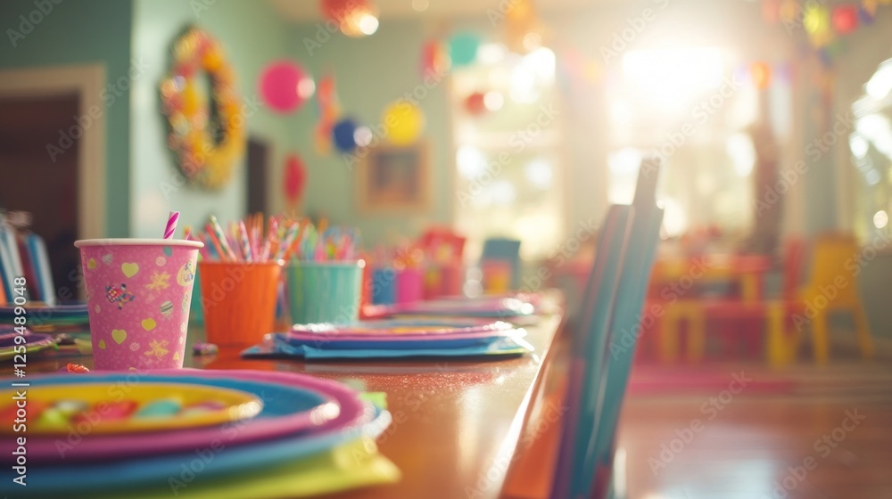 A colorful birthday party celebration setup with a decorated table and balloons A colorful birthday party celebration setup with a decorated table and balloons
