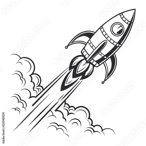 Rocket Launching coloring page logo line art vector illustration design