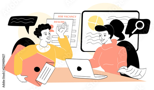 Job interview discussion with recruiter and candidate in office setting. 