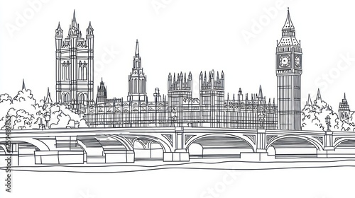London skyline, Houses of Parliament, Big Ben, Thames River, travel guide illustration