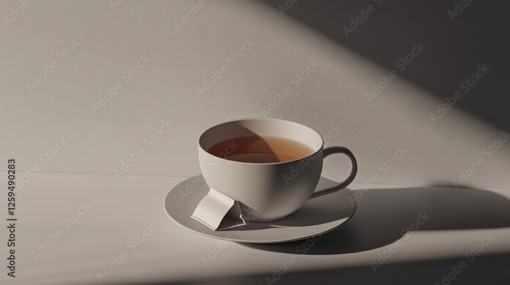 Obraz premium Sunlit teacup on saucer, minimalist setting, calm background, for websites