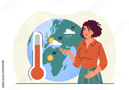 Woman analyzing global weather data with wind turbines and satellite dish. 