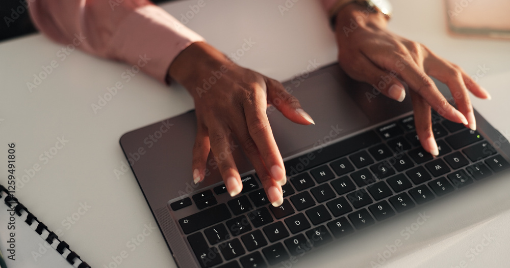 Hands, typing and businesswoman in office with laptop, market research or web review for online project stats. Proposal, data analysis and woman at desk writing email, report or business intelligence Hands, typing and businesswoman in office with laptop, market research or web review for online project stats. Proposal, data analysis and woman at desk writing email, report or business intelligence
